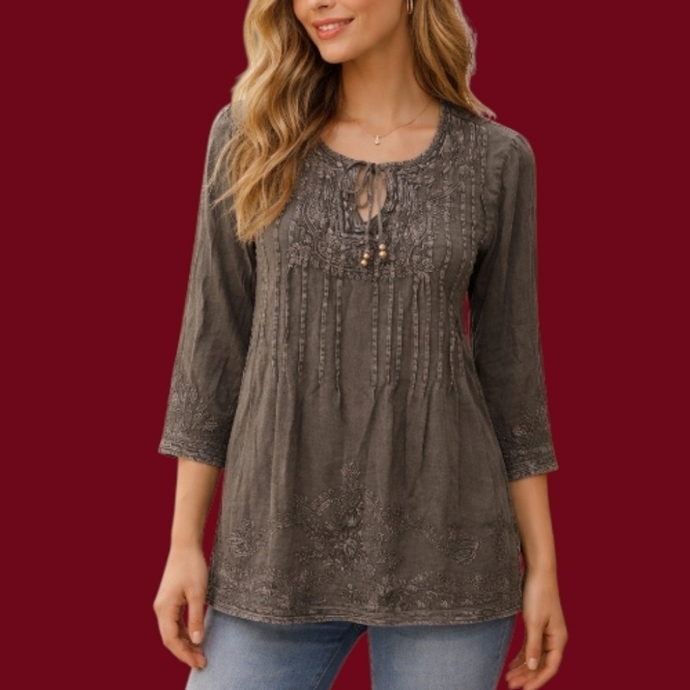 SOLITAIRE Gray Floral Embroidered Pintucked Tie Neck Boho Tunic